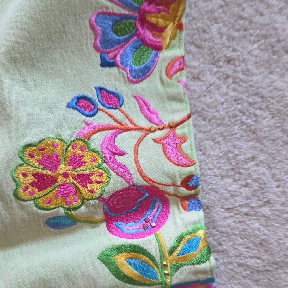 Diane Gilman Light Green Fabric Jeans With Decoration. - Picture 2 of 8